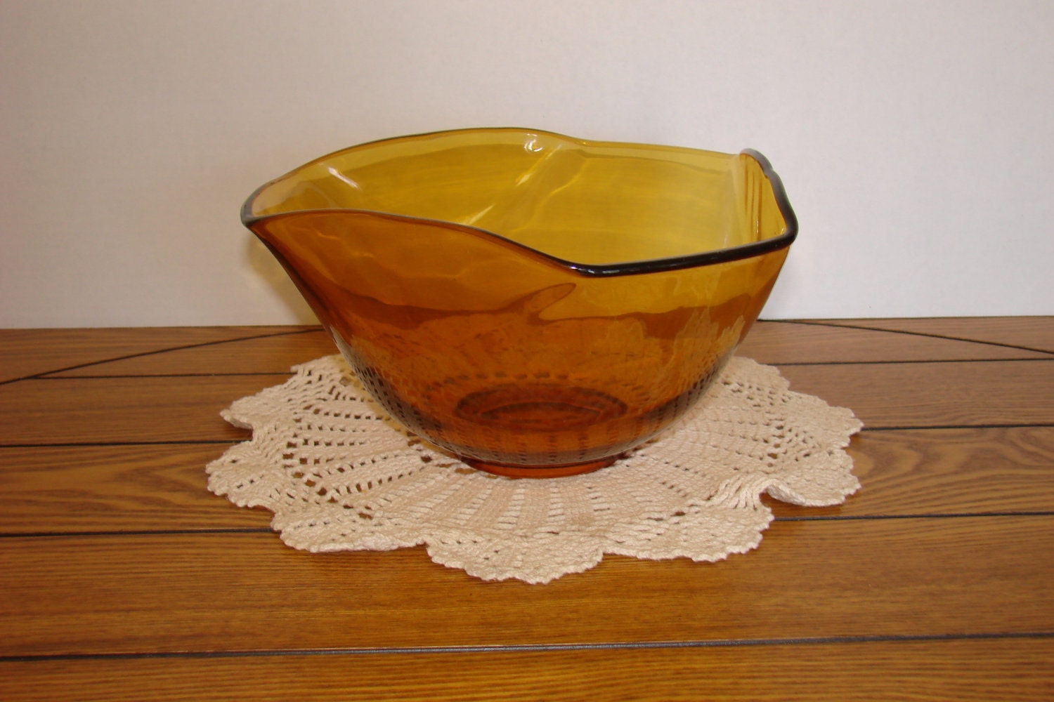 Vintage Amber Glass Bowl With Folded Rim