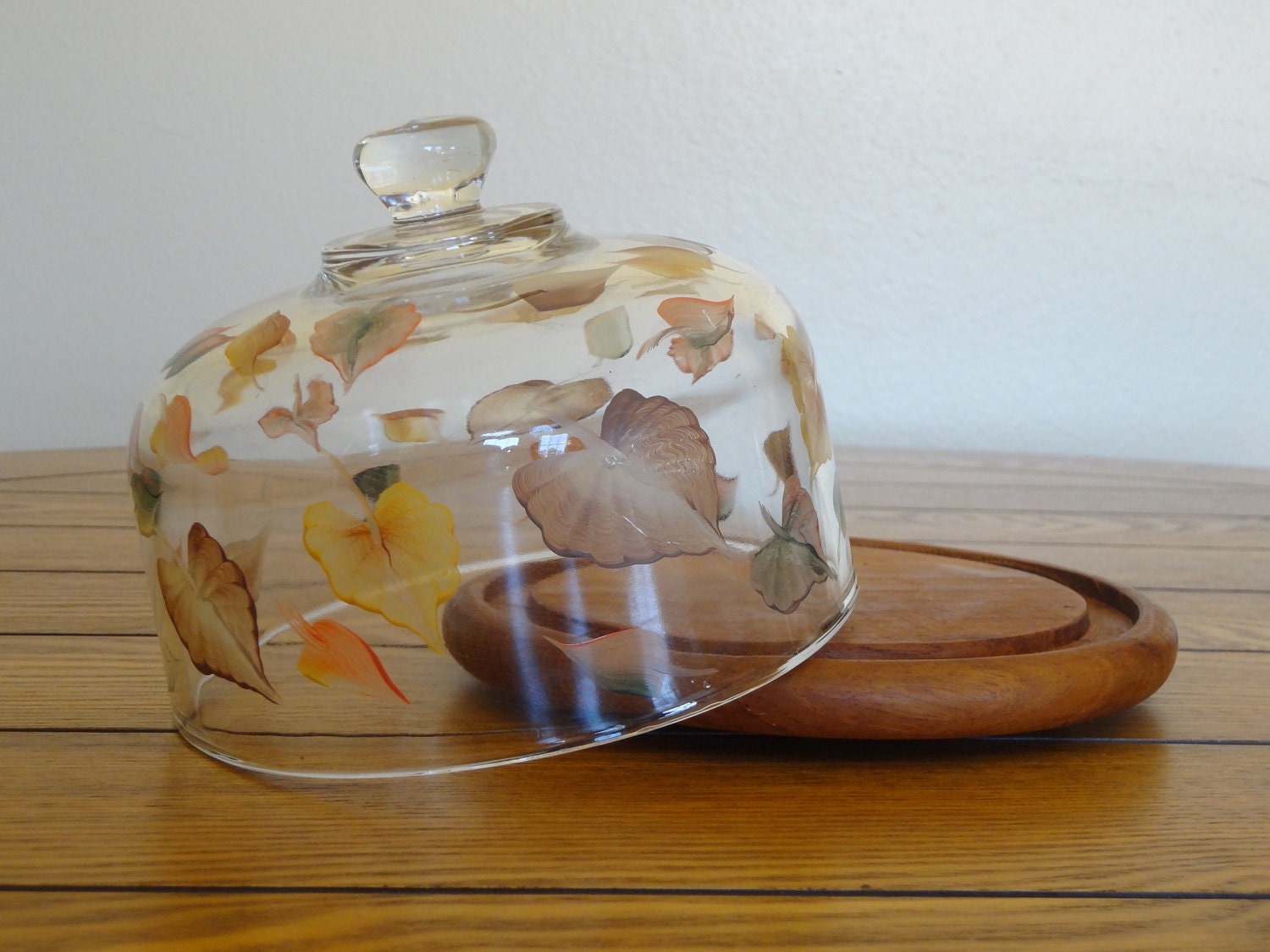 Vintage Glass Cloche with Teak Base and Upcycled with Fall Leaves-SALE