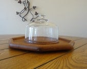 Vintage Teak Cheese Tray With Glass Cloche