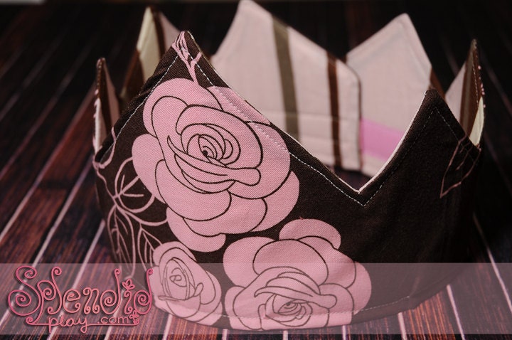Pink/Brown Stripes and Flowers Reversible Fabric Crown (NB or Child/Adult sized) WITH CLIP