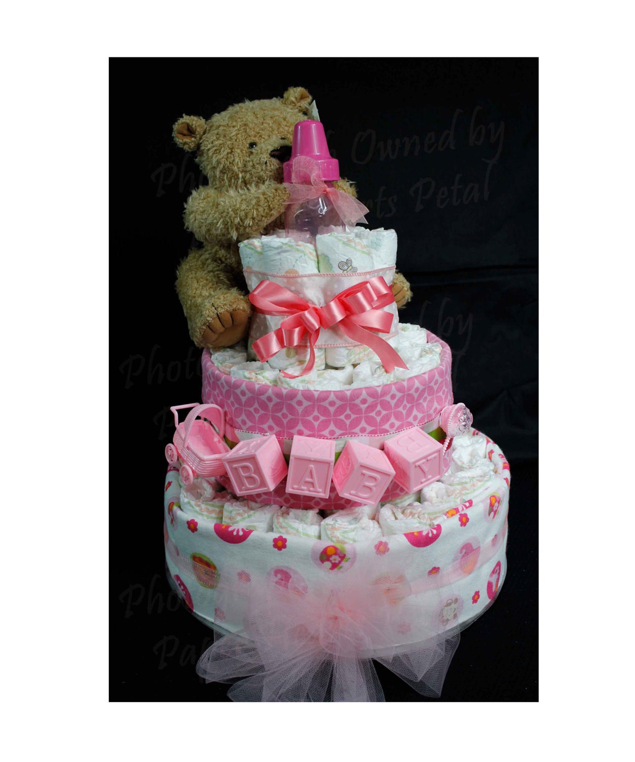 Pink Baby Girl Diaper Cake with Teddy Bear & Safari Jungle Animal Receiving Blankets