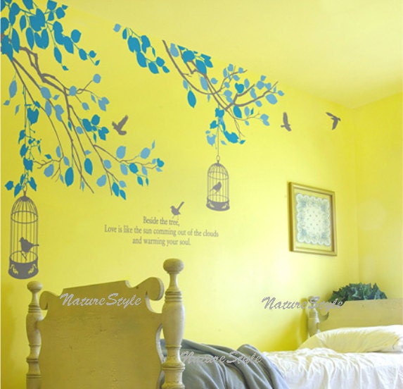 branches wall decal vinyl wall sticker baby decal nursery decor children room decal - Branch with Flying Birds and birdscage