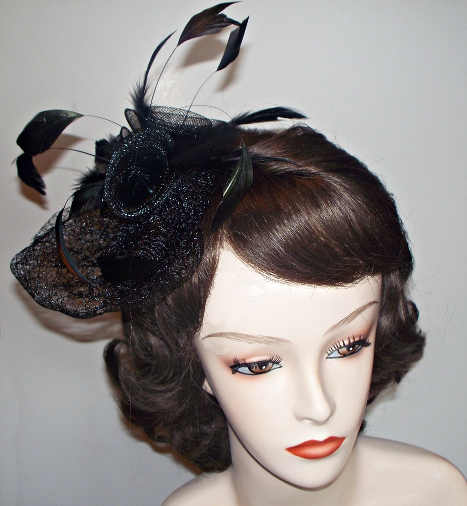 Black Couture Fascinator headband of lace netting, roses, and beautiful black feathers