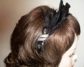 Bridal Headband of fasceted black and clear crystal rhinetones and feathers