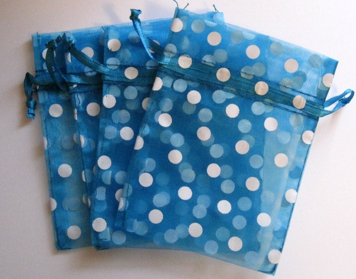 Set of 10 Aqua with White Polka Dot Organza Bags (3x4)