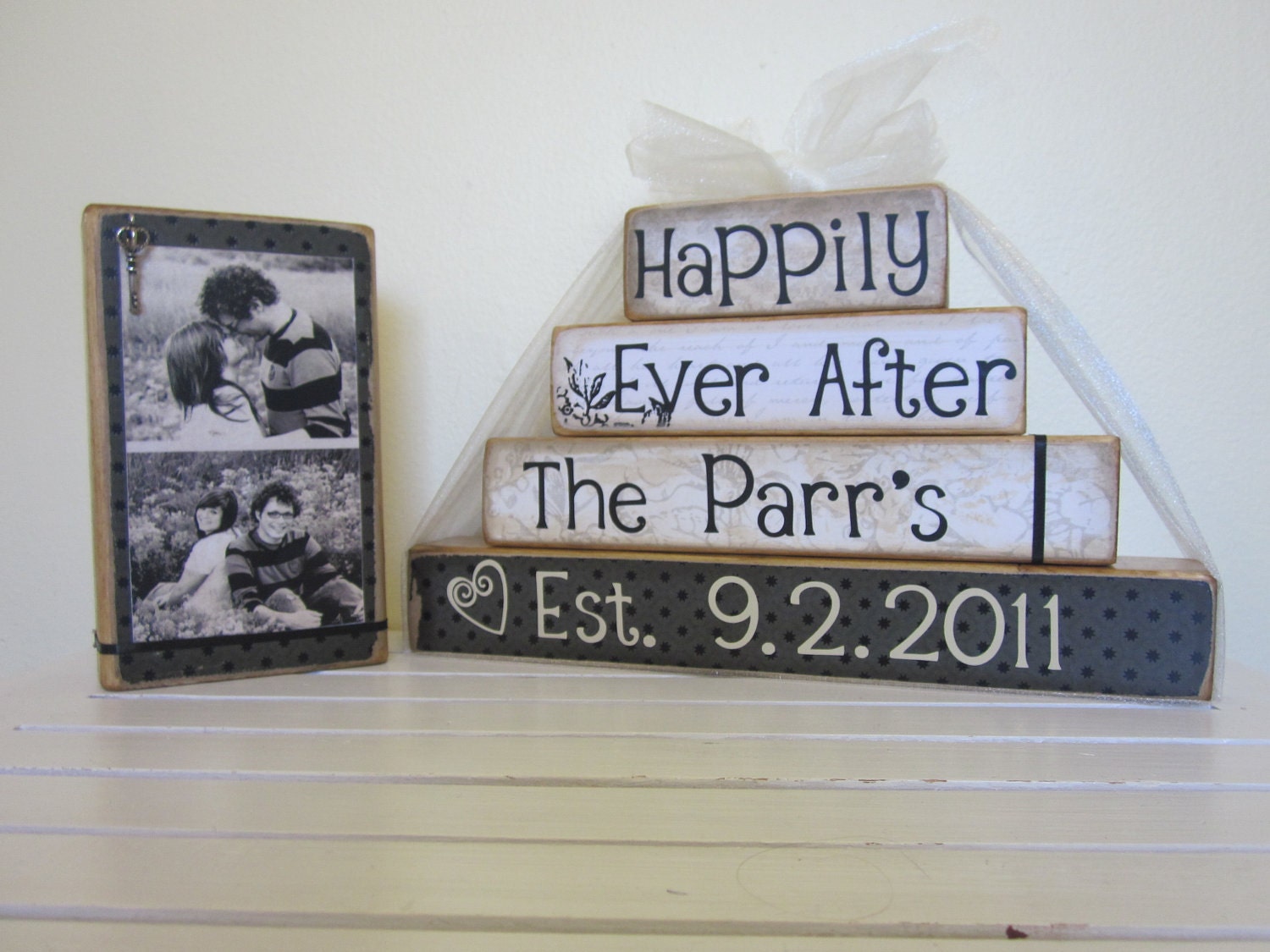 Personalized Happily Ever After wooden blocks for wedding or gift with picture everything included black vintage wedding Valentines day gift