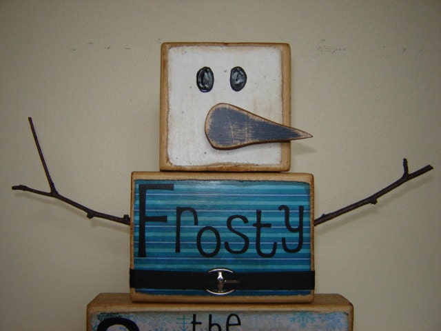 Frosty the Snowman wooden block primitive Christmas decoration for the holidays Christmas carol wooden snowman blue Christmas