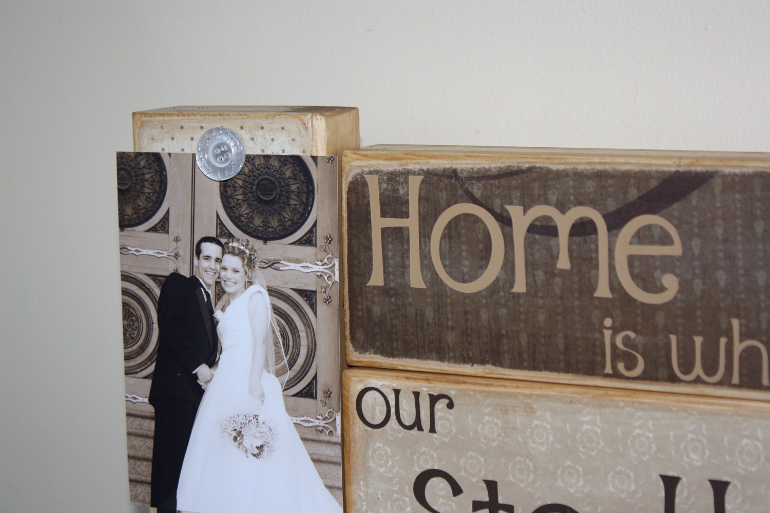 Home is where our Story Begins saying on decorative wooden blocks home decoration brown vintage wedding gift personalized photo gift