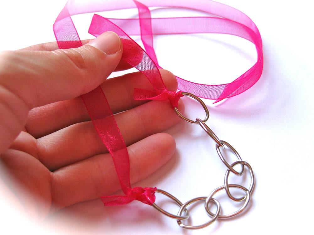 MoDeRN Chain and Ribbon Necklace-Silver and Hot Pink-Tie Me On-Neon Geometric Jewelry