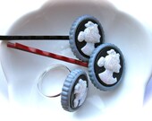 Romantic Oval Scalloped Cameo Bobby Pin and Ring Set-silver, red, black, gray, sparkly white-Victorian Mother's Day Jewelry