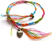 Neon Friendship Bracelet with beads, silver puff heart charm, and fringe-Tie Me On-Adjustable, Stackable-Summer Fashion by Couture Nicole