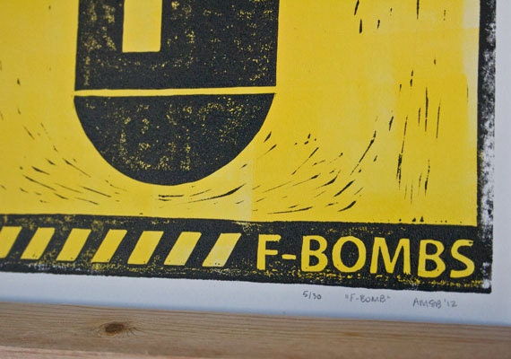 PRINT - Man Cave Caution F Bombs LINOCUT 8 x 11 POSTER