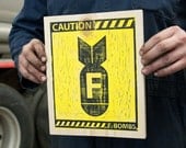 Caution F-Bombs Wood Sign - Made from Linocut Man Cave