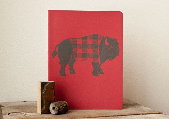 JOURNAL - Bison Red and Black Buffalo Plaid RETRO Sketchbook Jotter LINOCUT Print