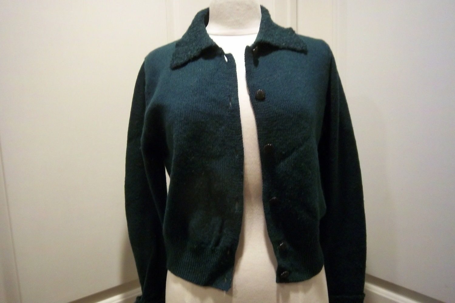 Vintage Wool Cardigan w/ Fuzzy Collar & Cuffs Forest Green Womens Lg by GAP