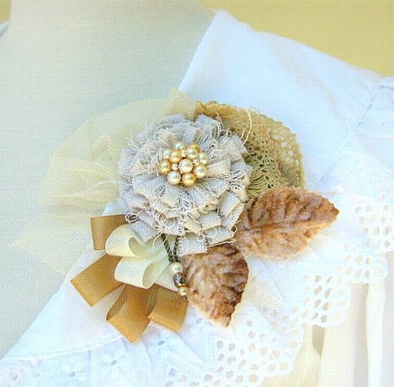 Flower Pin Brooch Corsage With Vintage Lace
