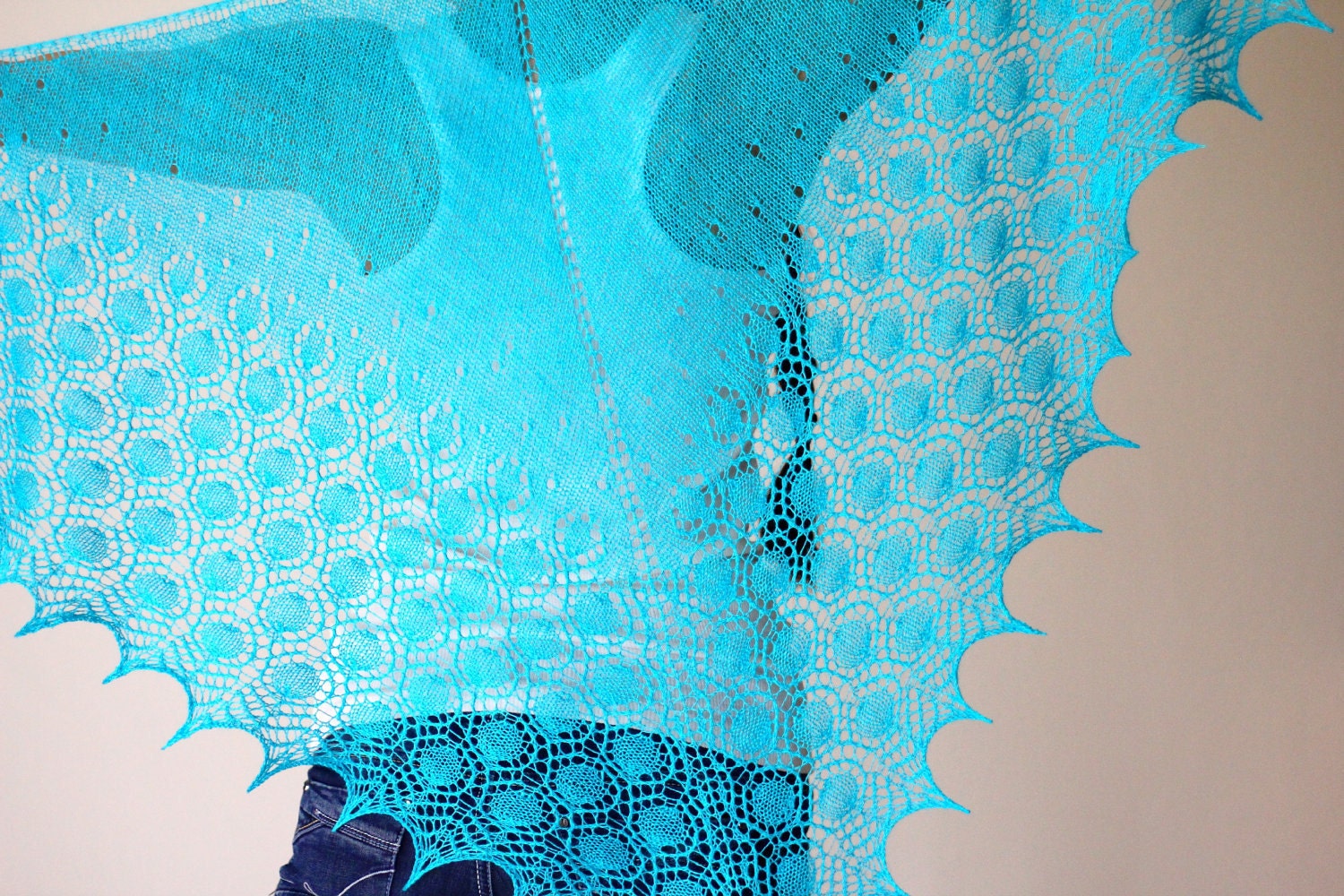 Hand knit shawl in turquoise blue aqua lace  scarf gift for her MADE TO ORDER
