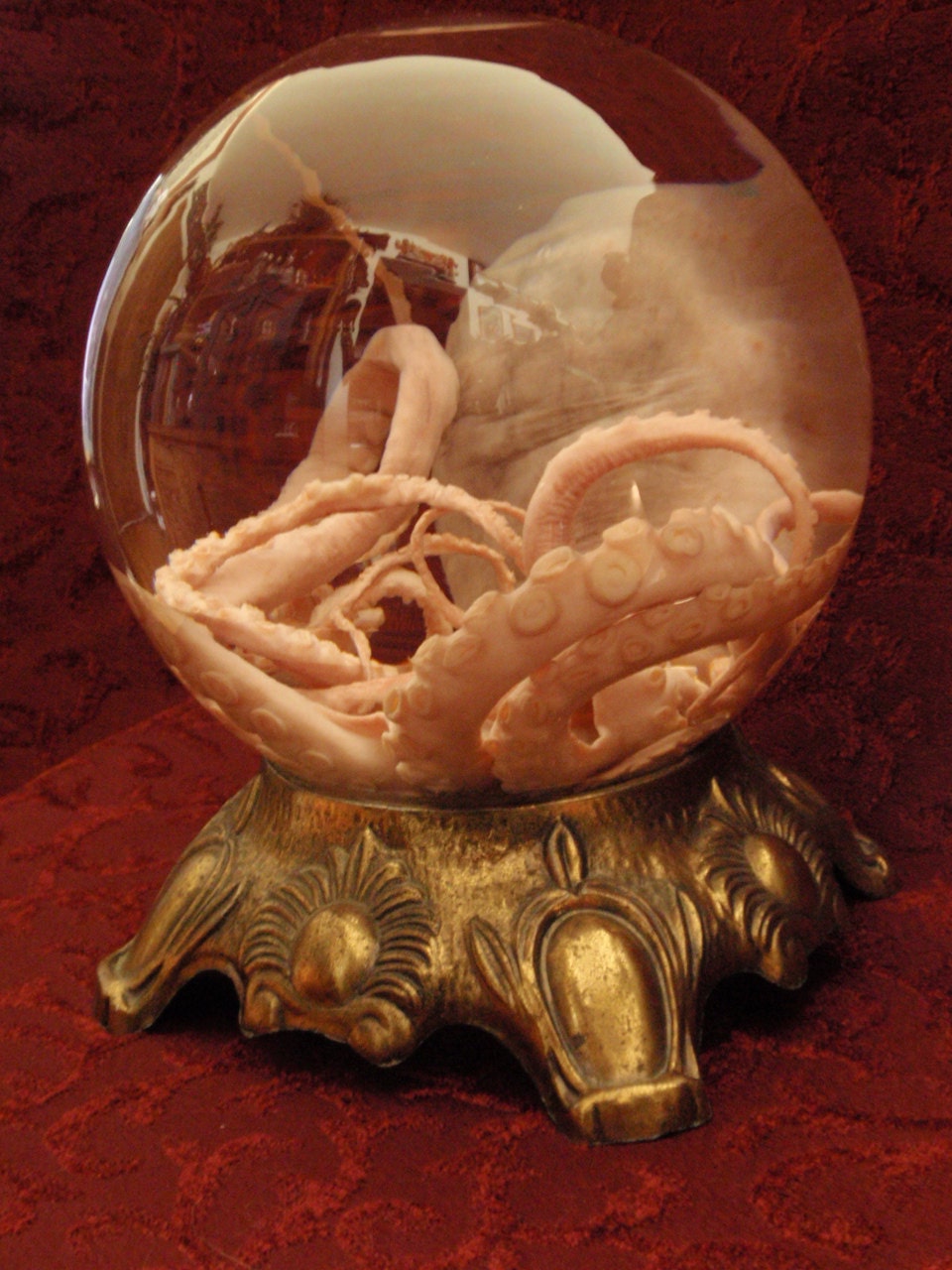Preserved Octopus Wet Specimen in Globe on Metal Base
