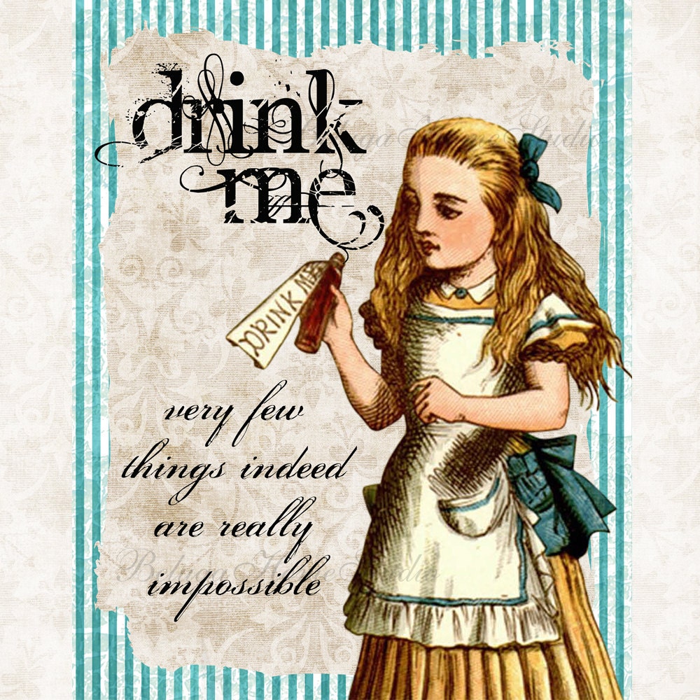 Art Print  8 x 10 Alice in Wonderland Alice With Poison Bottle Drink Me Quotes - Printed on Pearl Metallic Paper