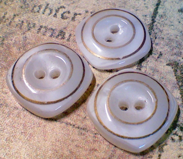 3 Vintage White Square Glass Buttons Gold Luster 9/16 Inch 14mm