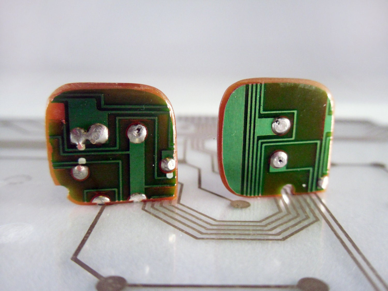 Squared Teardrop Circuit Board Earrings - Green - Cyborg Series