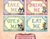 Alice Vintage Tags, Set 4 Alice in Wonderland Tags, SALE ITEM, labels, perfect for parties, presents and invitations.