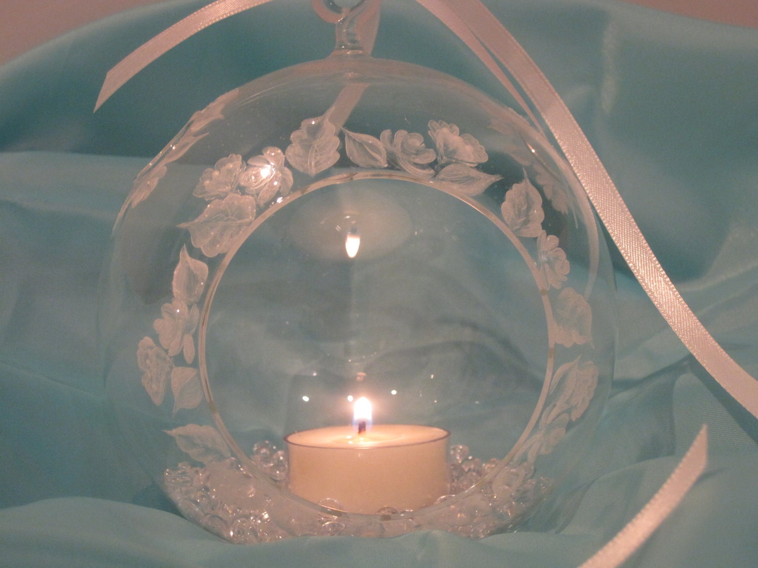 White Pearl Floral Handpainted Glass Hanging Globe