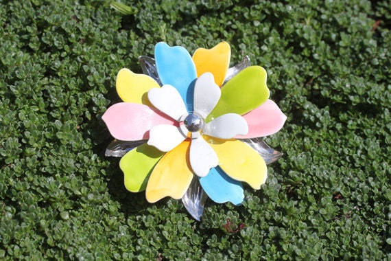 Vintage Multi Colored Enamel And Silver Flower Sarah Brooch FREE SHIPPING