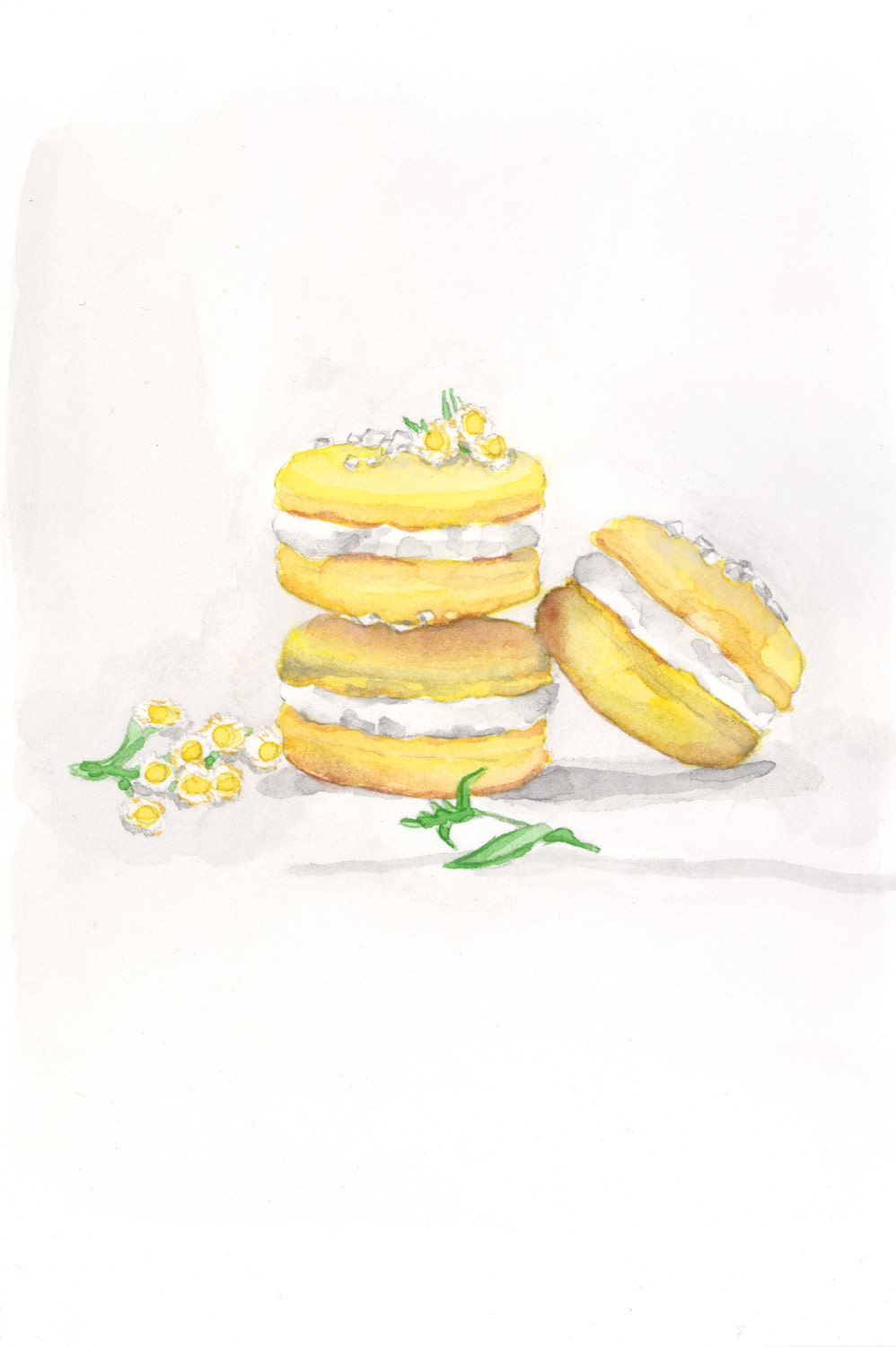 Laduree Three Lemon Yellow Macarons with flowers Watercolor Painting - Digital print 5 x 7