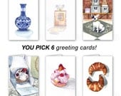 YOU CHOOSE Notecard Set Watercolor Art - Set of 6 Gourmet Dessert, Perfume, French theme, Foodie