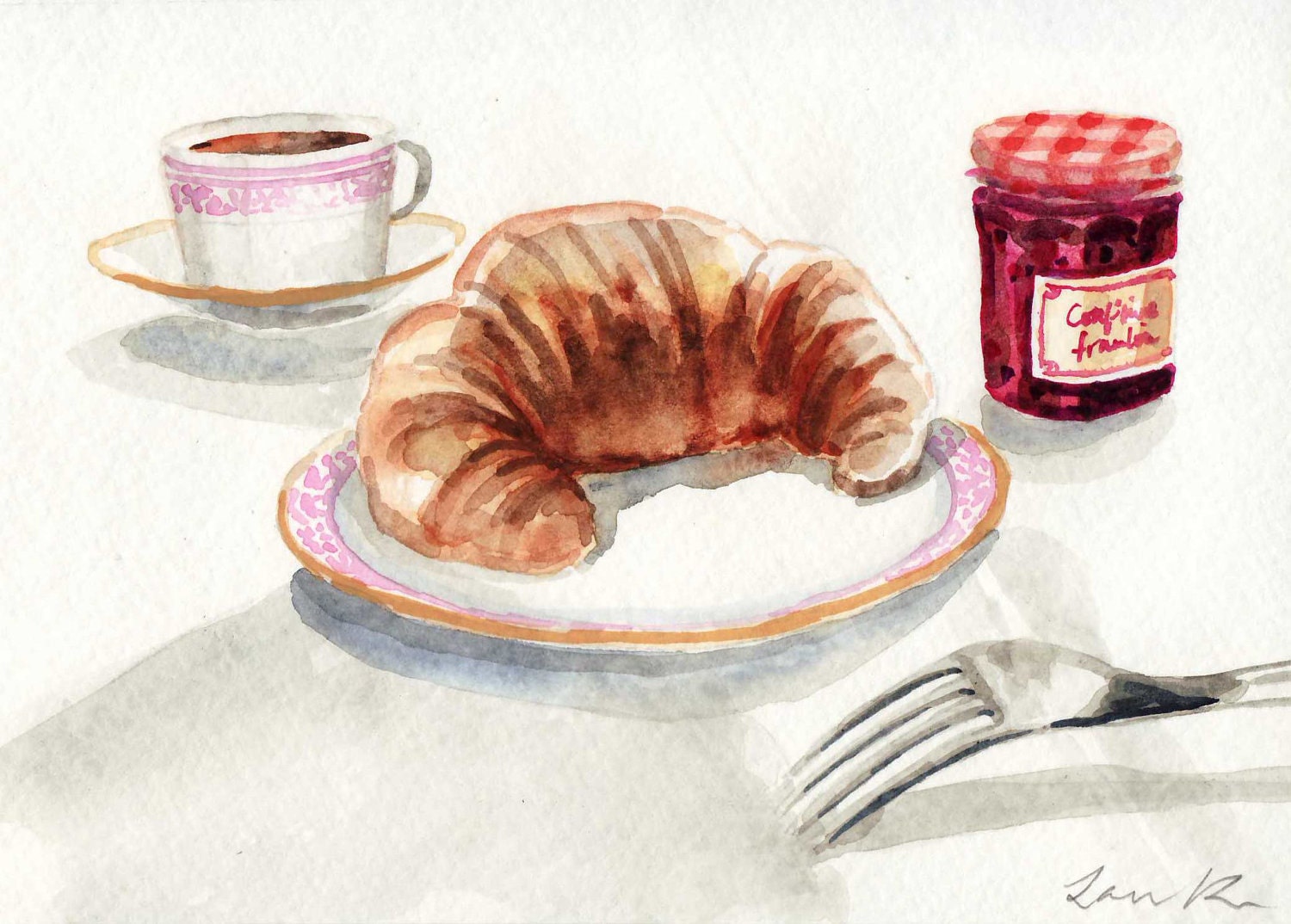French Croissant and Jam Confiture et Croissant ORIGINAL Watercolor Painting 5 x 7 Framboise