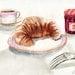 French Croissant and Jam Confiture et Croissant ORIGINAL Watercolor Painting 5 x 7 Framboise