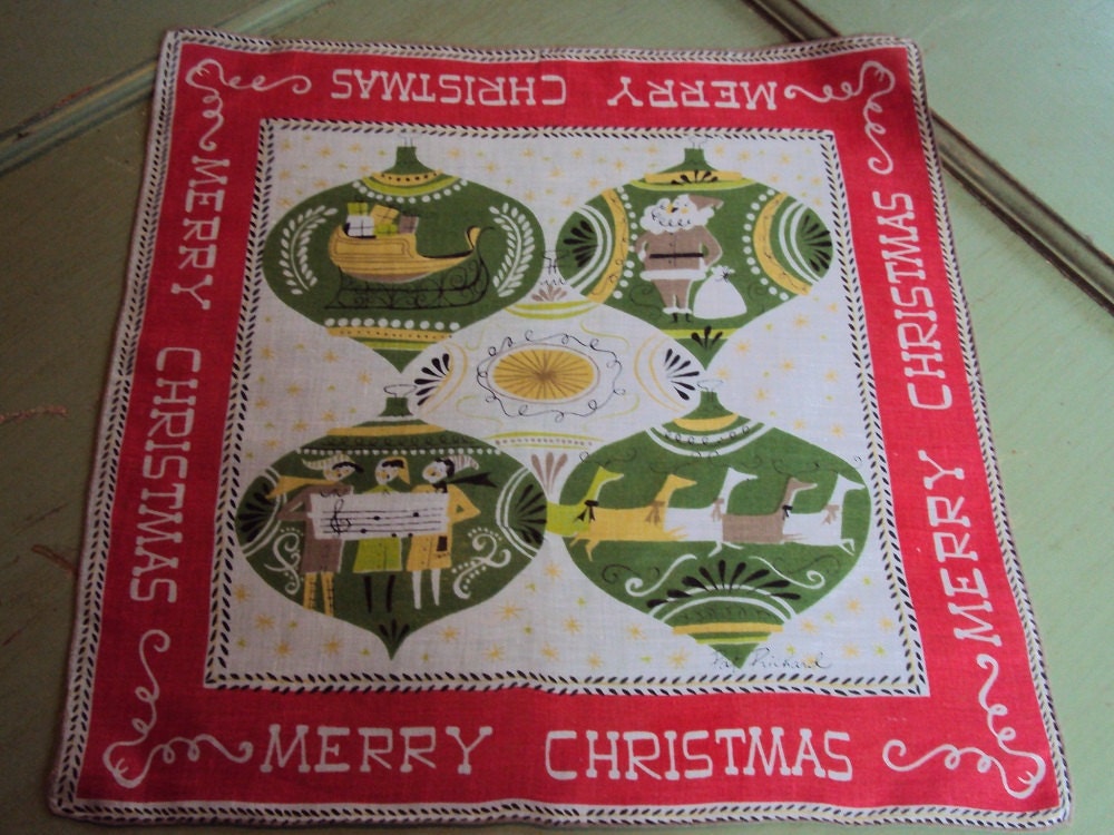 Vintage Unused Pat Prichard Christmas Hanky, Shiny Brights - Izzydaizy