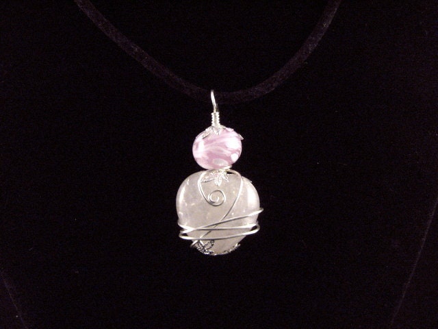 Pink Rose Quartz Heart Necklace Wire Wrapped Pendant Lampwork Bead Jewelry
