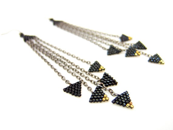 Black Triangle Earrings, Triangle Dangle Earrings, Beaded Earrings, OOAK Statement Earrings, Chain Earrings, Handmade by JeannieRichard