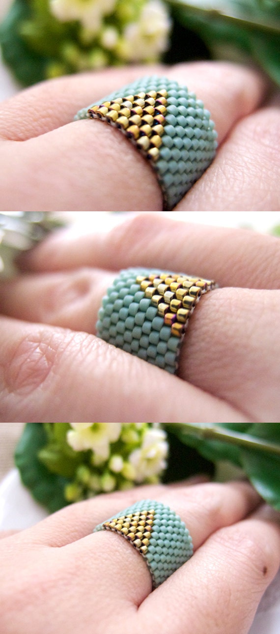 Mint Ring, Beaded Ring Band, Gold Triangle Ring, Geometric Ring Band, Gold Arrow Ring, OOAK Handmade by JeannieRichard