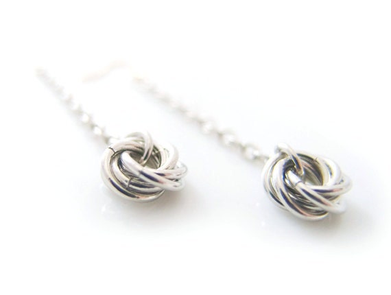Silver Dangle Earrings, Love Knot Earrings, Baby Love Knots, Flower Chainmail Earrings, Romantic Earrings, OOAK by JeannieRichard