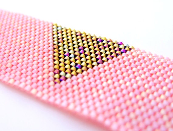 Coral Pink Cuff, Beaded Bracelet Cuff, Gold Triangle Cuff, Gold Arrow Bracelet, Geometric Cuff, Handmade OOAK by JeannieRichard