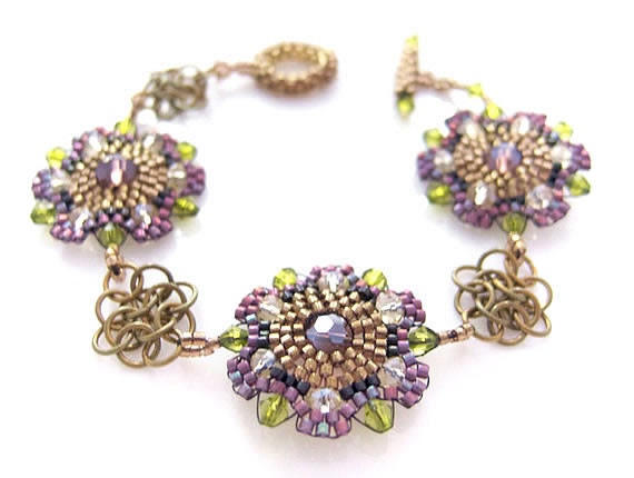 Purple Flower Bracelet, Beaded Bracelet, Beaded Flowers, Brass Chainmaille Chainmail, Boho Hippie Style, OOAK Beadwork by JeannieRichard