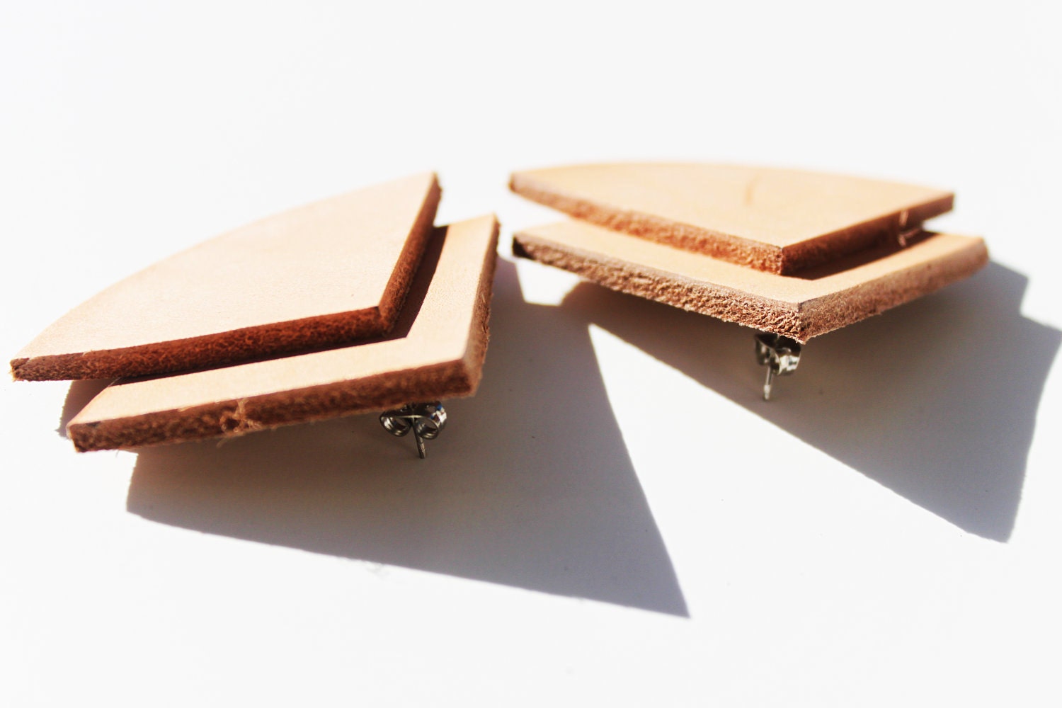 Tan Leather Double Stacked Curved Triangle Post Earrings by Cre8tivesoul