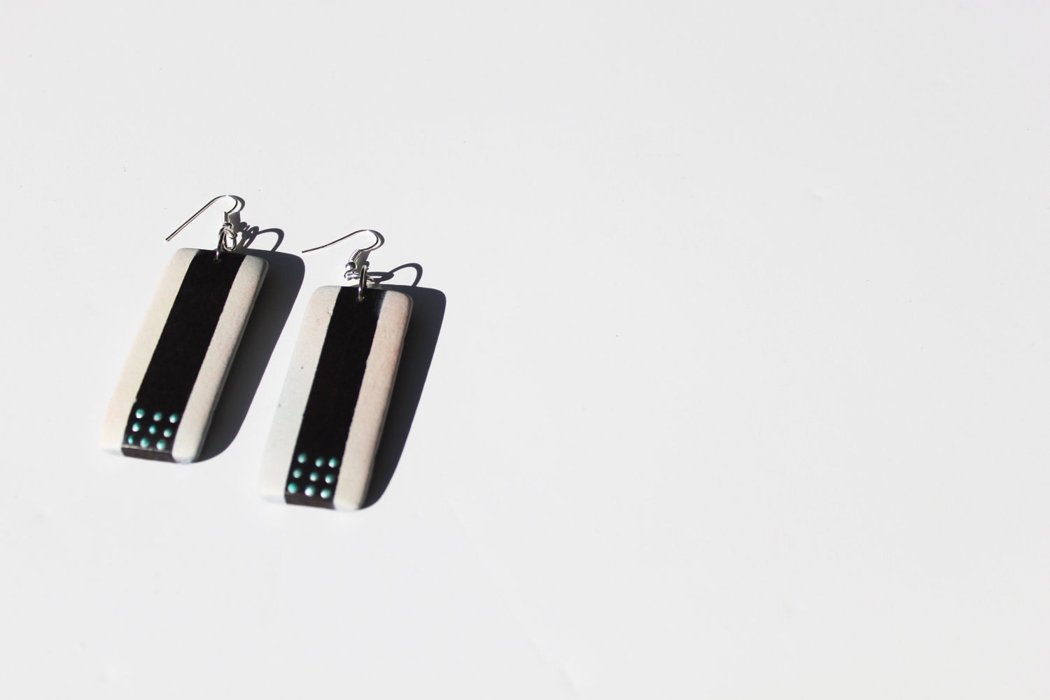Espresso Brown and White Wood and Teal Dotted Dangle Earrings by Cre8tivesoul