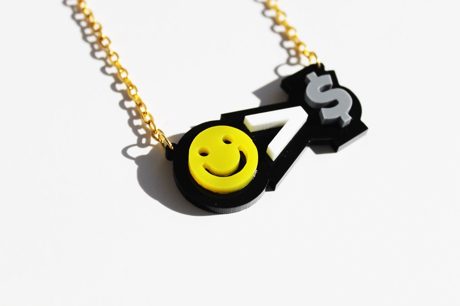 Yellow White and Gray "Happiness greater Than Money" Acrylic Necklace by Cre8tivesoul