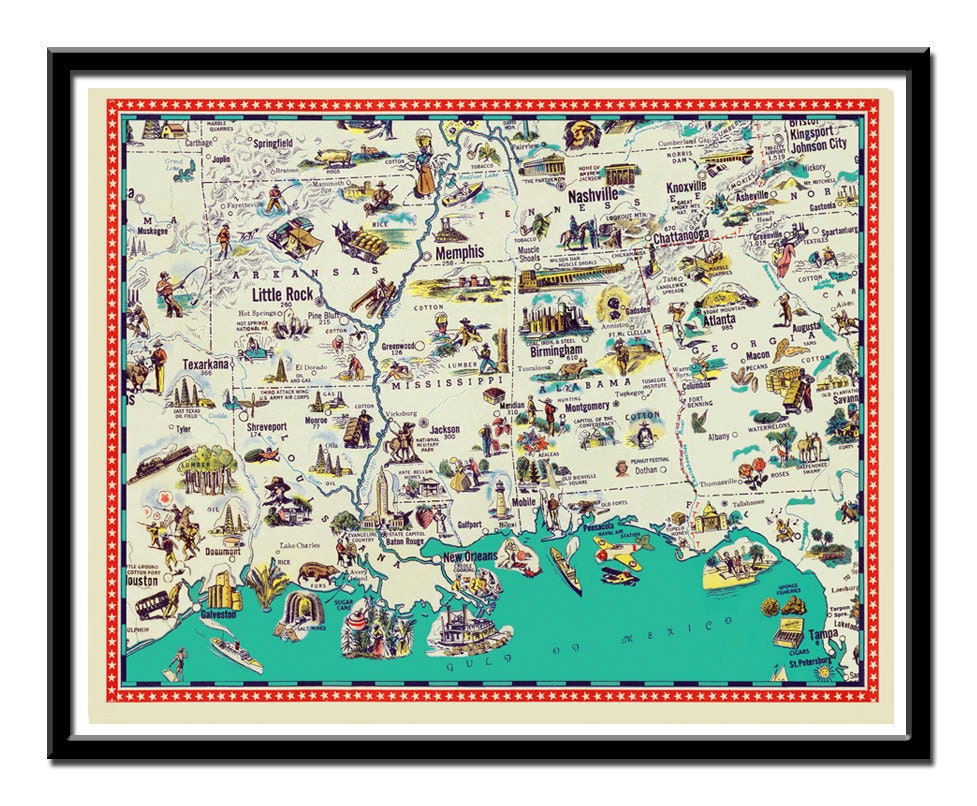 Vintage Arkansas, Mississippi, Tennessee, Louisiana and Alabama map - a retro and funny map - 11 x 14"