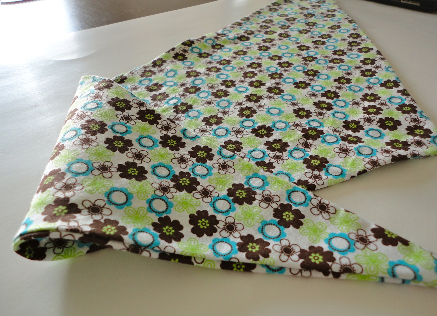 Dog Bandana: Green Brown Blue and White Flowers Retro Look Pet Scarf - Custom Orders