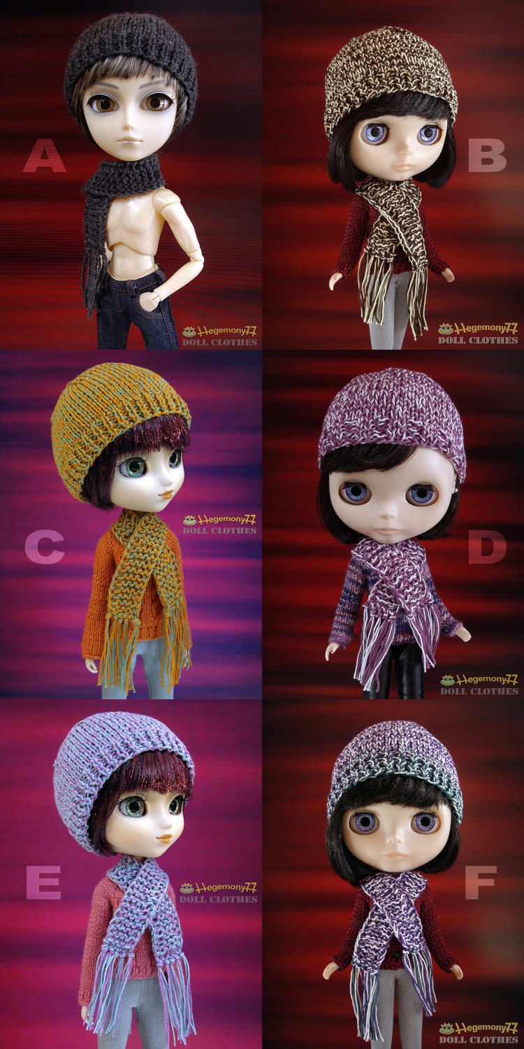 1 Hand knitted hat and scarf set for Blythe Pullip Taeyang and other dolls and BJD with similar head size