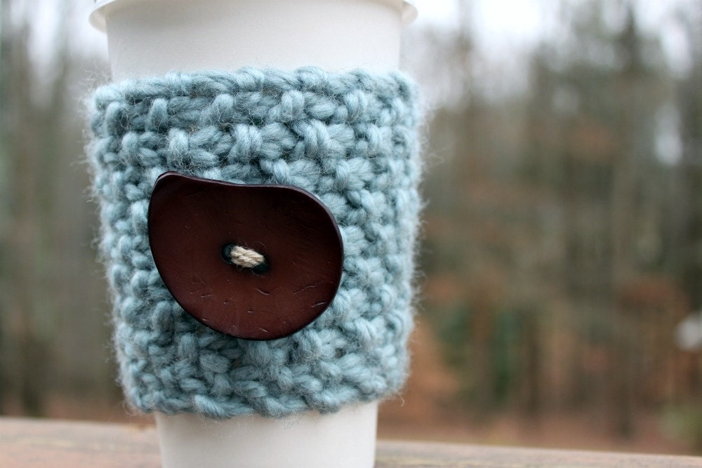 Knit Coffee Cozy/Sleeve Light Blue with Brown Button