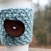 Knit Coffee Cozy/Sleeve Light Blue with Brown Button