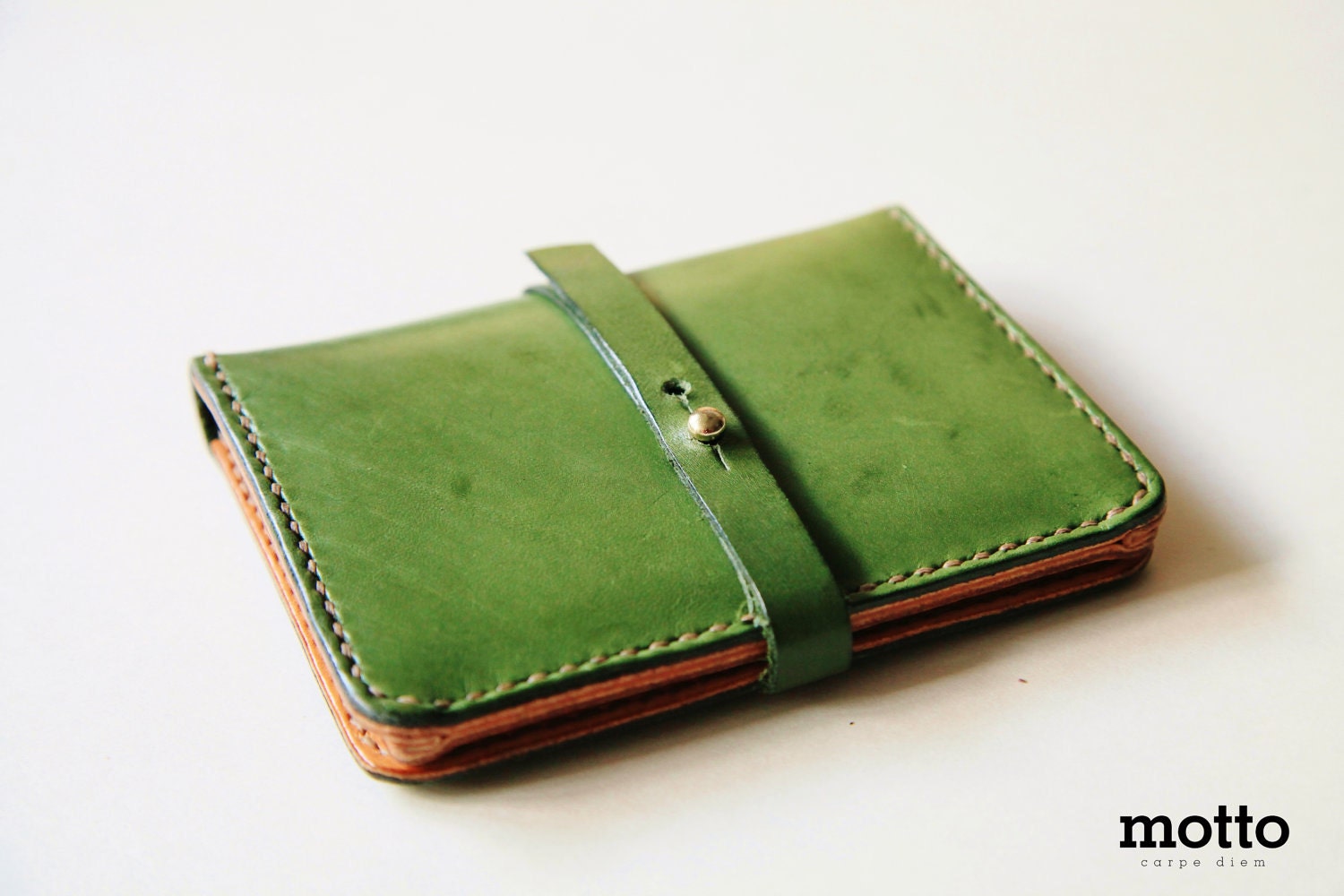 motto - Green Leather Traveler Purse / passport cover / passport holder ( Genuine leather & Handmade )