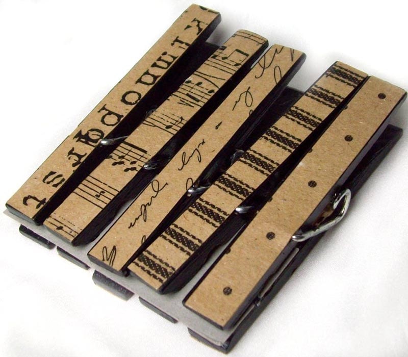 5 vintage look kraft paper clothes pins - hand painted black, papered and beautifully finished- ready to ship