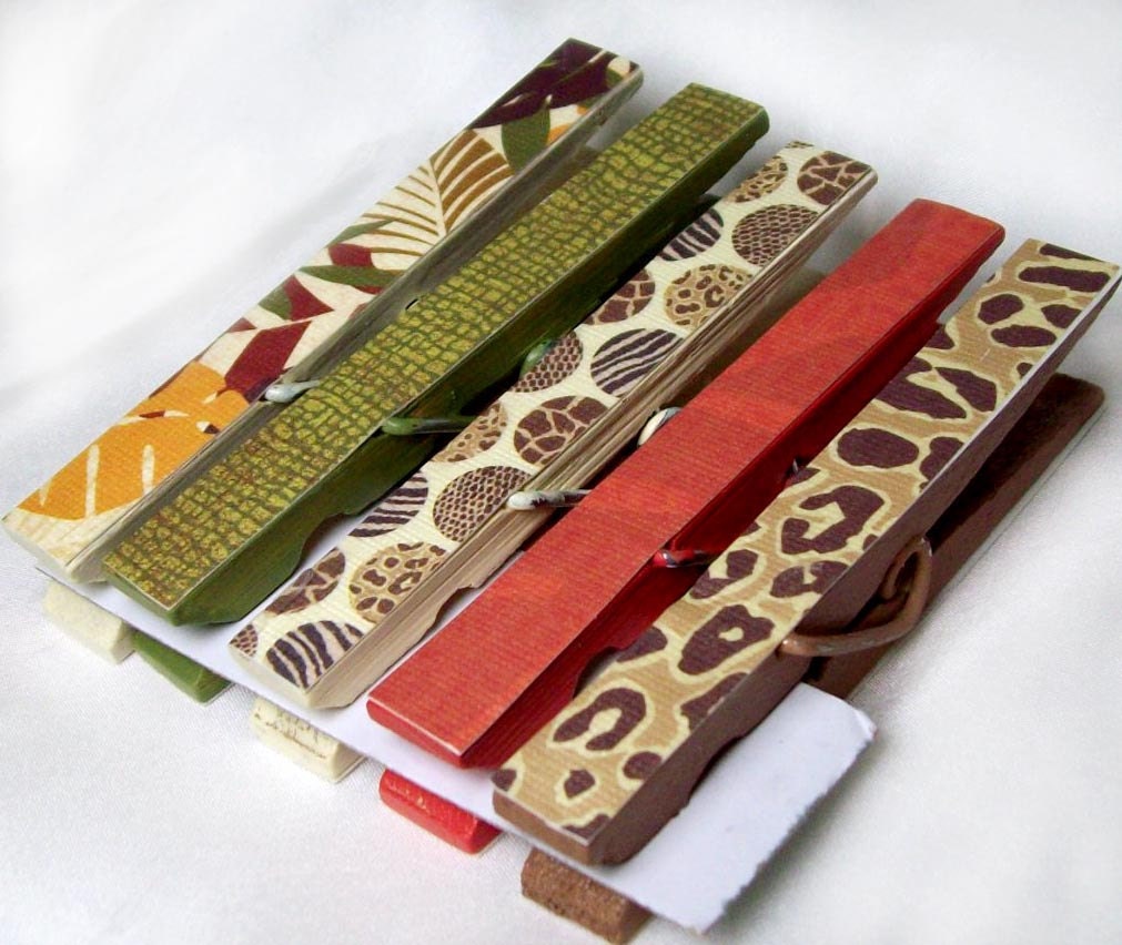 10 animal print clothes pins - hand painted earth tones, papered and beautifully finished- ready to ship